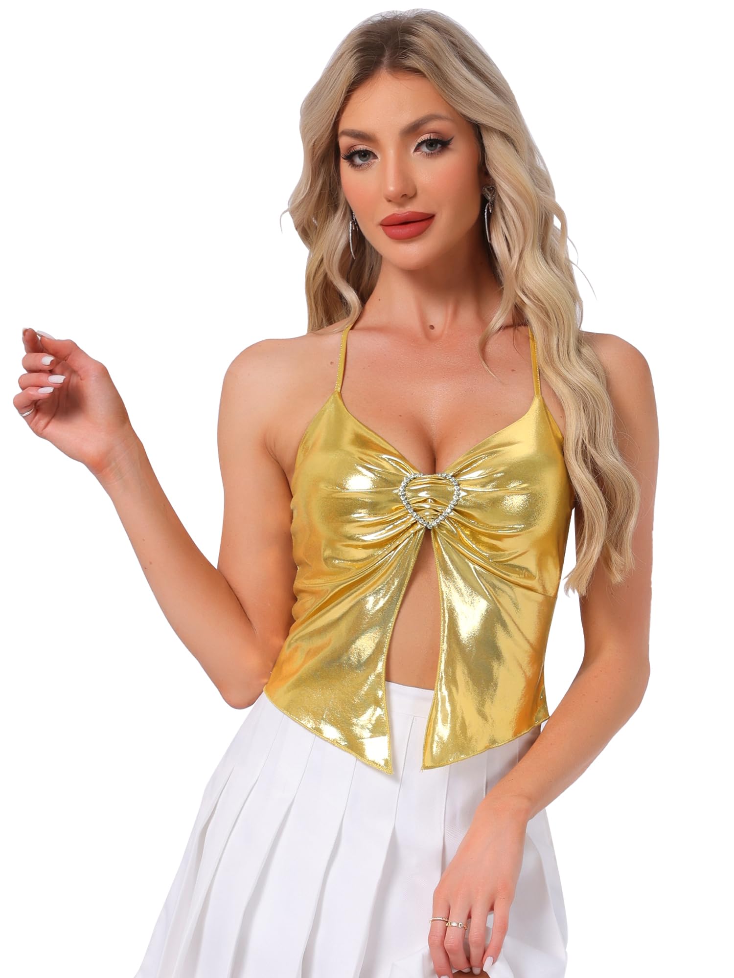 Allegra K Women's Metallic Sleeveless Spaghetti Strap Halter Clubwear Cami Top