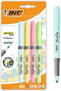 BIC Highlighters Grip Pastel Colours - Highlighter Pens Multipack - Stationery Supplies Pack of 4