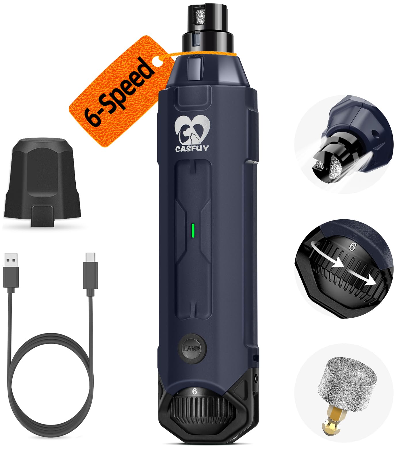 Casfuy 6-Speed Dog Nail Grinder - Newest Enhanced Pet Nail Grinder Super Quiet R