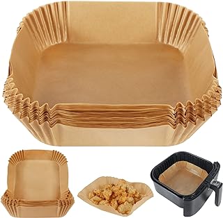 BYKITCHEN Square Air Fryer Liners, Disposable Parchment Paper, 50 Count | Unbleached Greaseproof Airfryer Liners, Compatible with Ninja, Tefal, COSORI, Russell Hobbs,Air Fryer Accessories