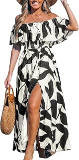 CUPSHE Women's Summer Dress with Off Shoulder Maxi Length Ruffle Bodycon Waist Printed Tropical