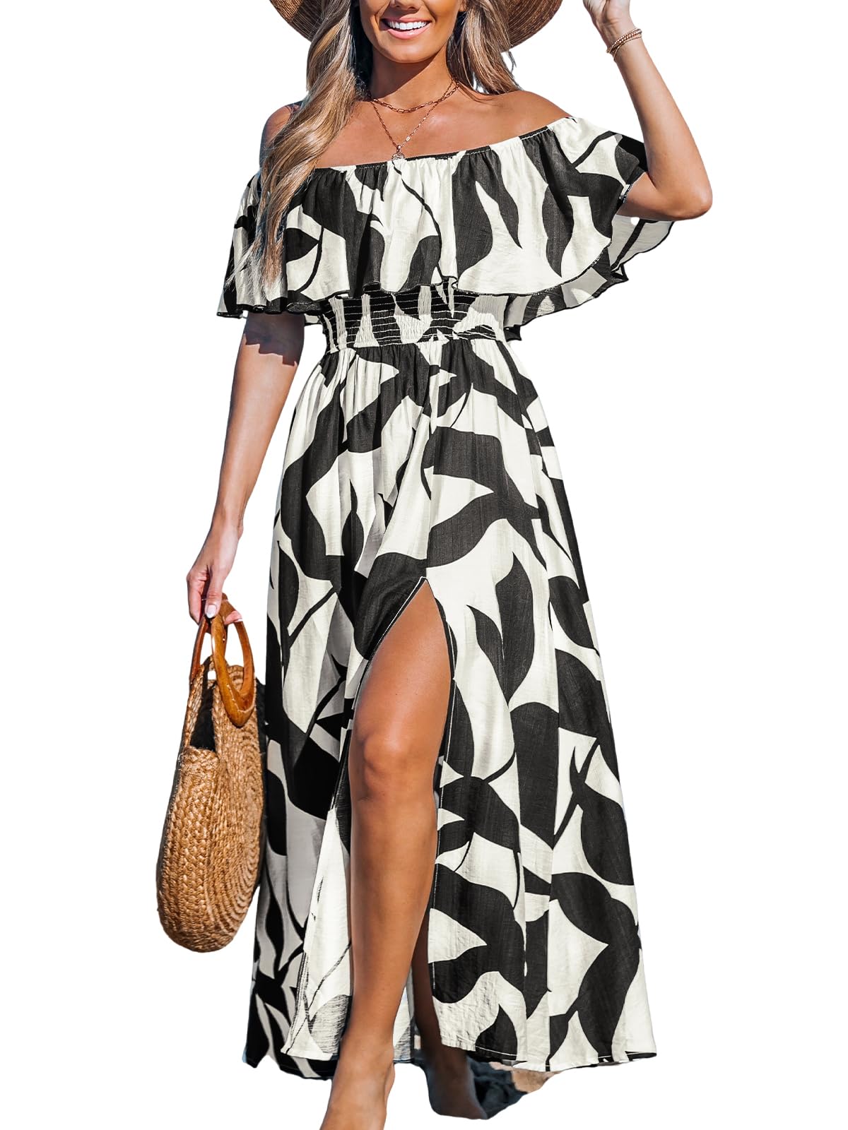 CUPSHE Women's Summer Dress with Off Shoulder Maxi Length Ruffle Bodycon Waist P