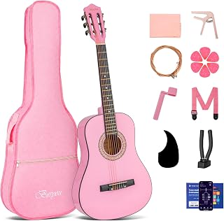 BESYOU 36 Inches Pink Beginner Acoustic Guitar Student Kids Guitar with Basic Starter Kit Bag Capo Strings Winders Strap Picks Pickguard with Gig Bag Pink Color