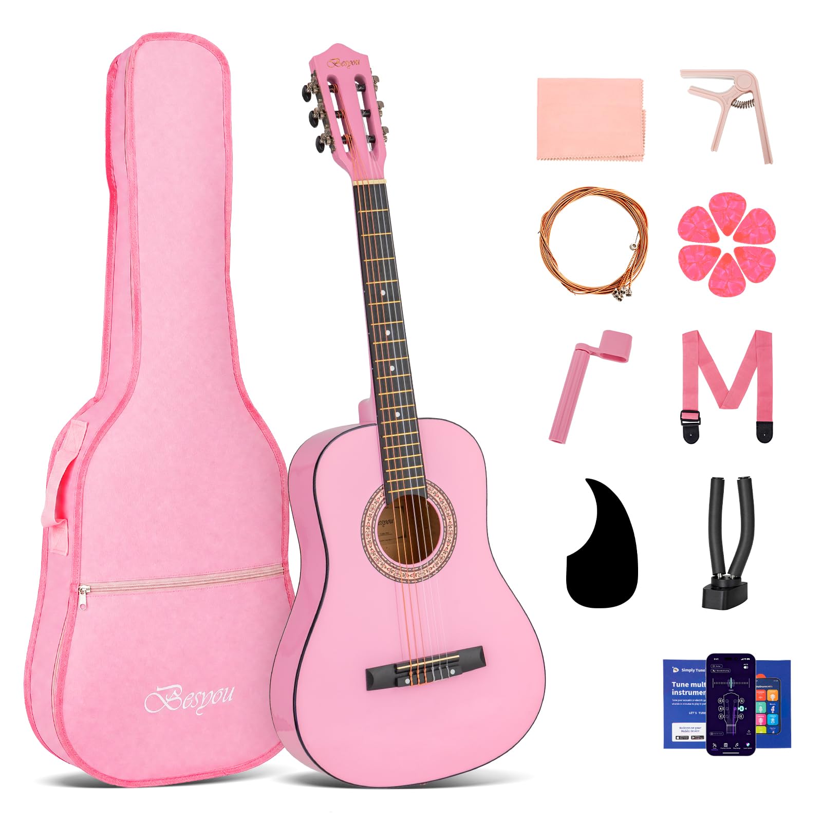BESYOU 36 Inches Pink Beginner Acoustic Guitar Student Kids Guitar with Basic St