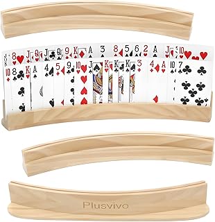 Plusvivo Set of 4 Curved Playing Cards Holders for Seniors Adults Kids 2-Layer, Solid Wooden Card Holders for Playing Cards 13 X 1.9 X 2.4 Inch for Bridge Canasta Foot and Hand