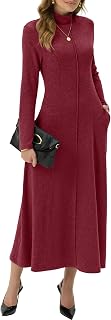 GRECERELLE Women's Turtleneck Long Sleeve Autumn Winter Elegant Casual Maxi Dress with Pockets Red XXL