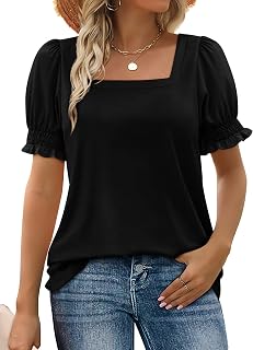Women Summer Casual Ruffle Sleeve Square Neck T-Shirt Tops