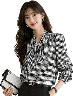 Green Pachira Bowtie Blouse Long Sleeve Women's Blouse Houndstooth Plaid Tops Shirt Autumn Winter Spring Suit Inner Ribbon Tie Patterned Shirt Large Size Commute Office Elegant Classy