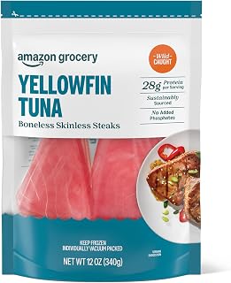 Amazon Fresh Brand, Wild Caught Yellowfin Tuna Steaks, Frozen, Sustainably Sourced, Phosphate Free, 12 Oz