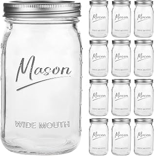 Galssmagic Mason Jars 32 oz,12 Pack Quart Wide Mouth Mason Jar With Airtight Lids,Glass Canning Jars for Fermenting, Pickling,Meal Prep,Overnight Oats & Centerpieces