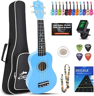 AMDINI Soprano Ukulele for Kids 21 Inch Hawaiian Wood Ukelele Beginner Kit | Incl. Online Lesson Gig Bag Strap Nylon String Tuner Picks - Blue Adult Starter Ukalalee Set Student Ukalelee Christmas Gift