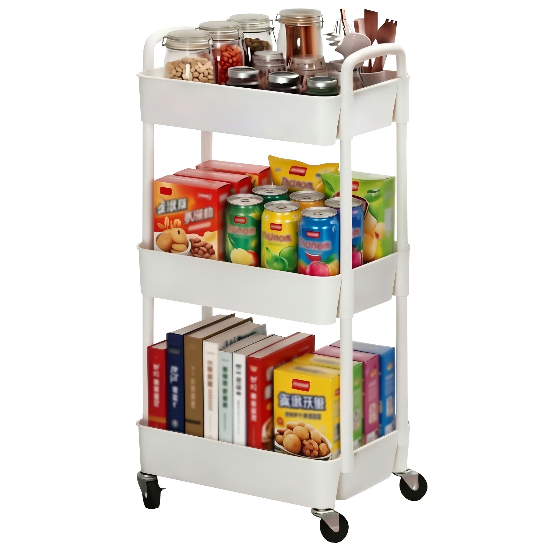 Sywhitta 3-Tier Plastic Rolling Utility Cart with Wheels for Storage,White | Mul