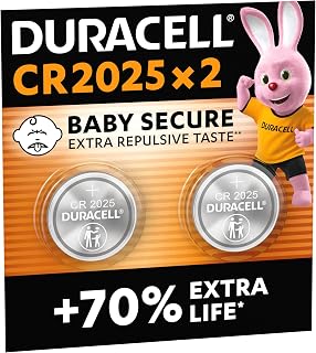 DURACELL 2025 Lithium Coin Batteries (2 Pack) 3V, CR2025 | Up to 70% Extra Life - Baby Secure Technology - For Use in Car Keys, Fitness Watches and 3D Glasses