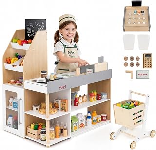 HONEY JOY Kids Grocery Store Playset, Wooden Play Store with Shopping Cart, Toddler Supermarket Checkout Stand w/Blackboard, Display Shelves, Grocery Store Pretend Play, Gift for Boys Girls (Wood)