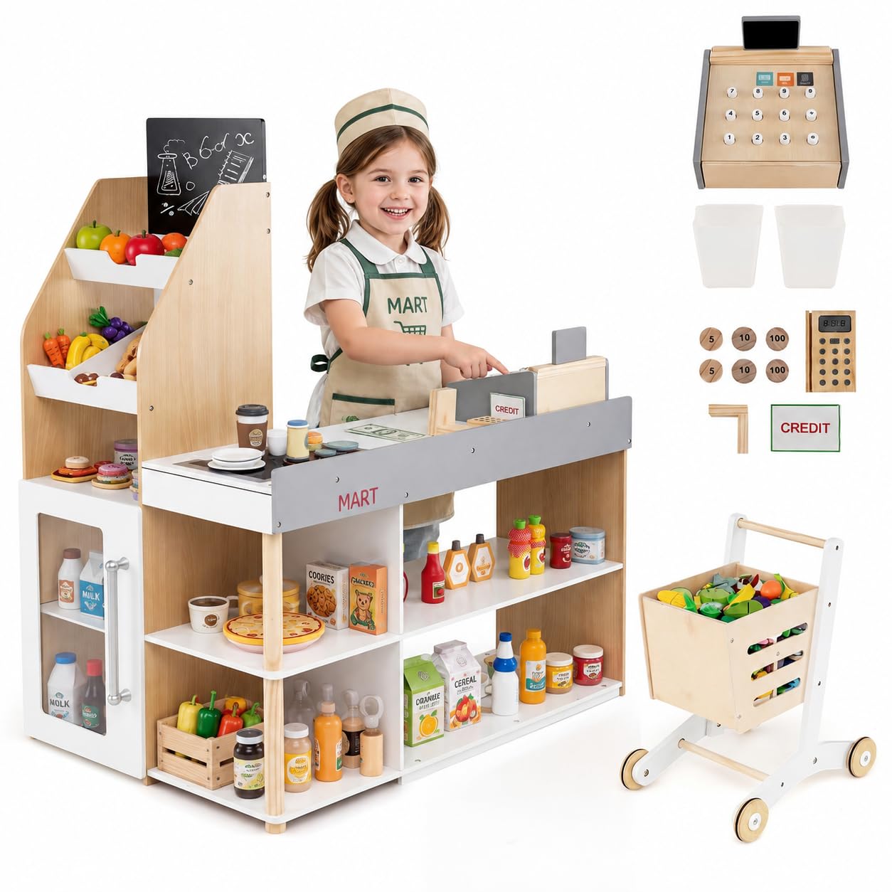 HONEY JOY Kids Grocery Store Playset, Wooden Play Store with Shopping Cart, Todd