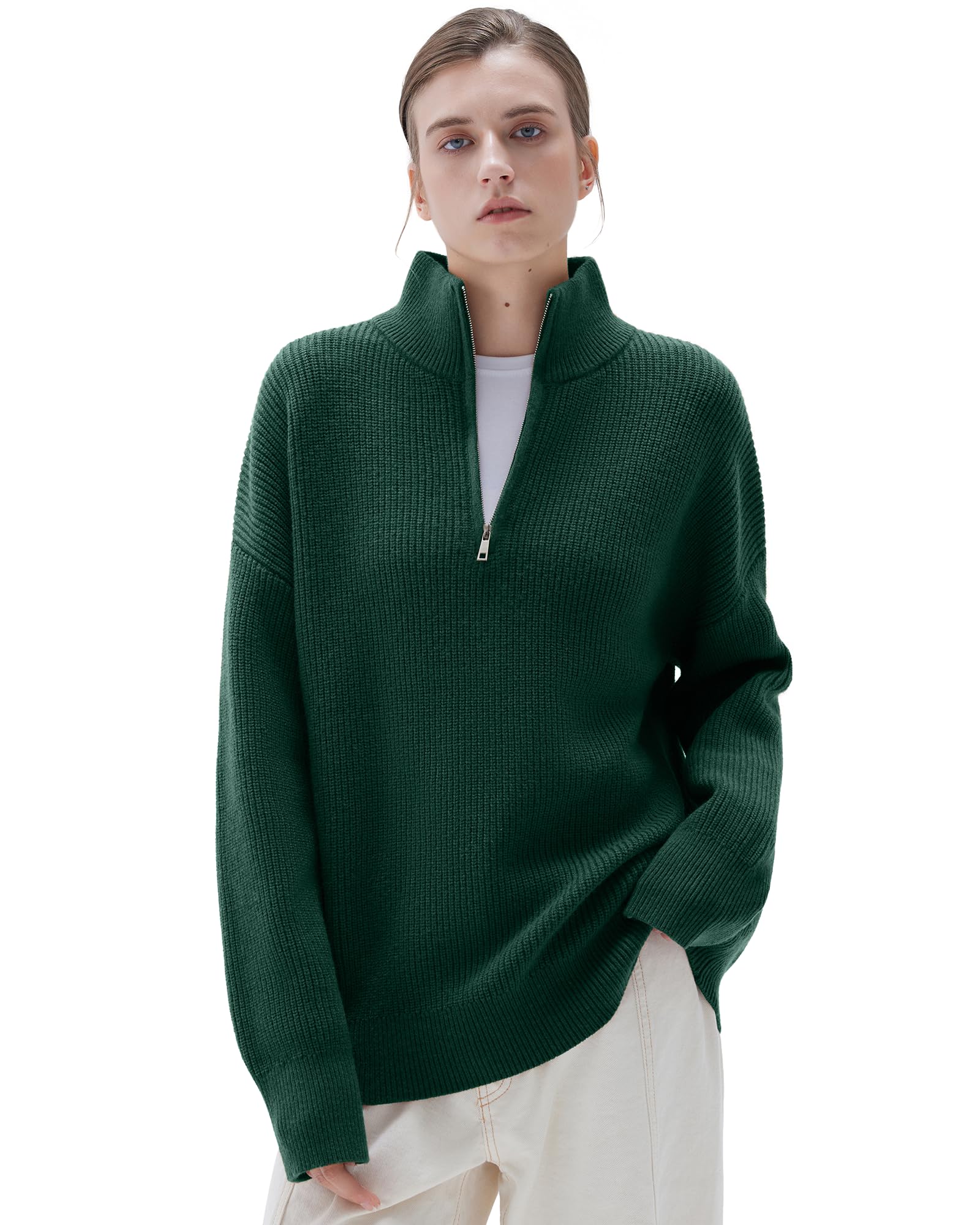 SUUKSESS Women Cashmere Blend Oversized Quarter Zip Pullover Sweater
