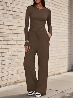 Two Piece Outfits for Women Slim Long Sleeve Shirt and Wide Leg Pants Tracksuit Set with Pockets