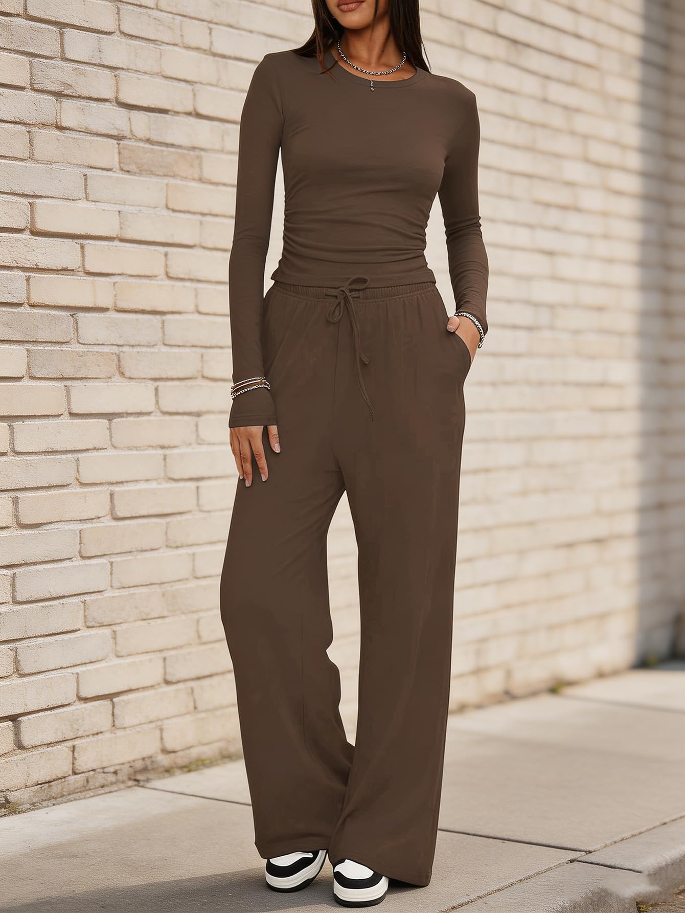 Two Piece Outfits for Women Slim Long Sleeve Shirt and Wide Leg Pants Tracksuit 