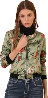 Allegra K Women's Bomber Jacket Satin Long Sleeve Floral Coat with Pocket