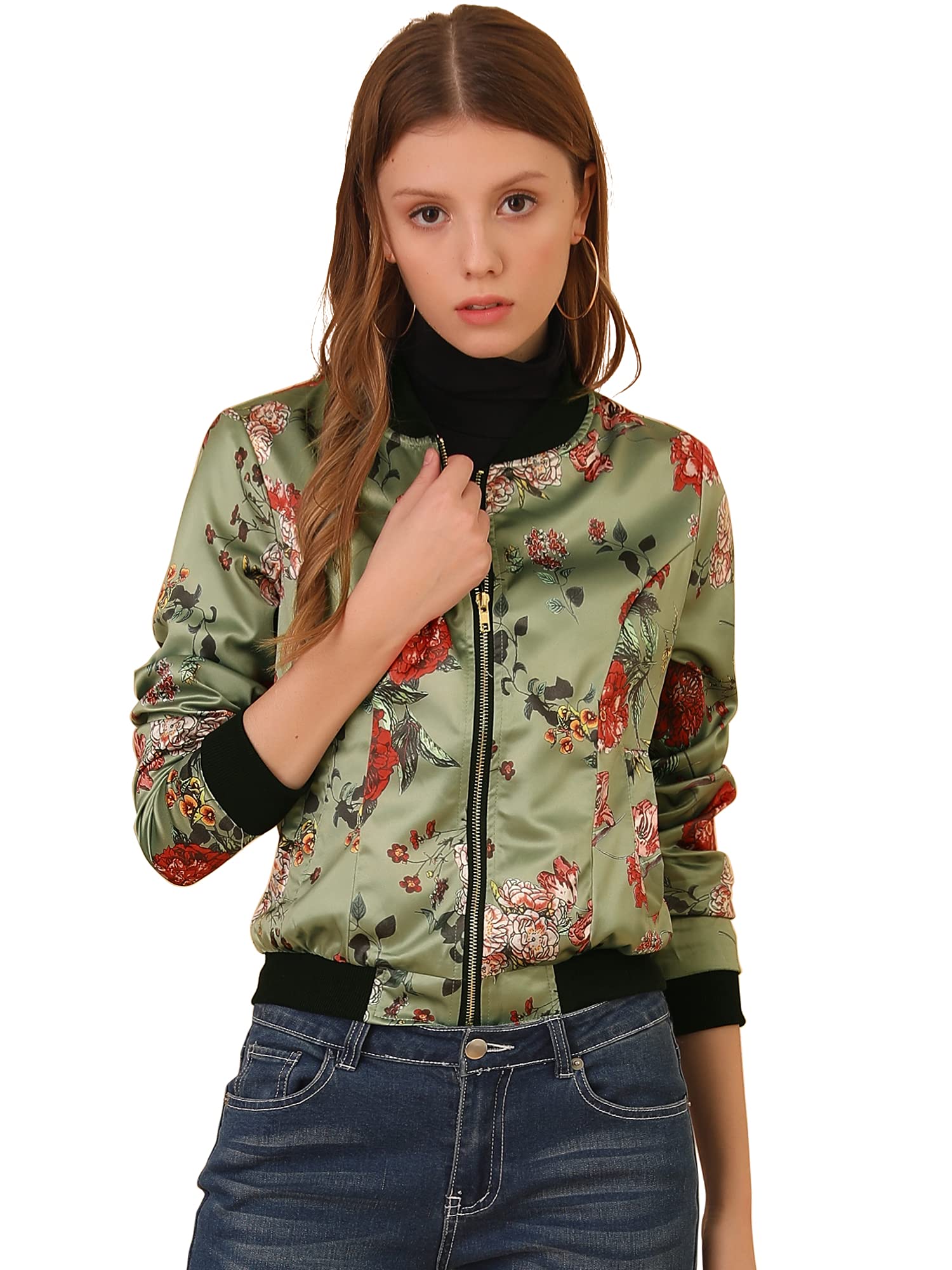 Allegra K Women's Bomber Jacket Satin Long Sleeve Floral Coat with Pocket