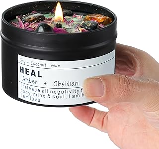 Obsidian Crystal Energy Candle, Good Aura Health Protection, Baltic Amber Chakra Magic Self-Care, Emotional Support, Encouragement and Affirmation Gift.(HEAL)