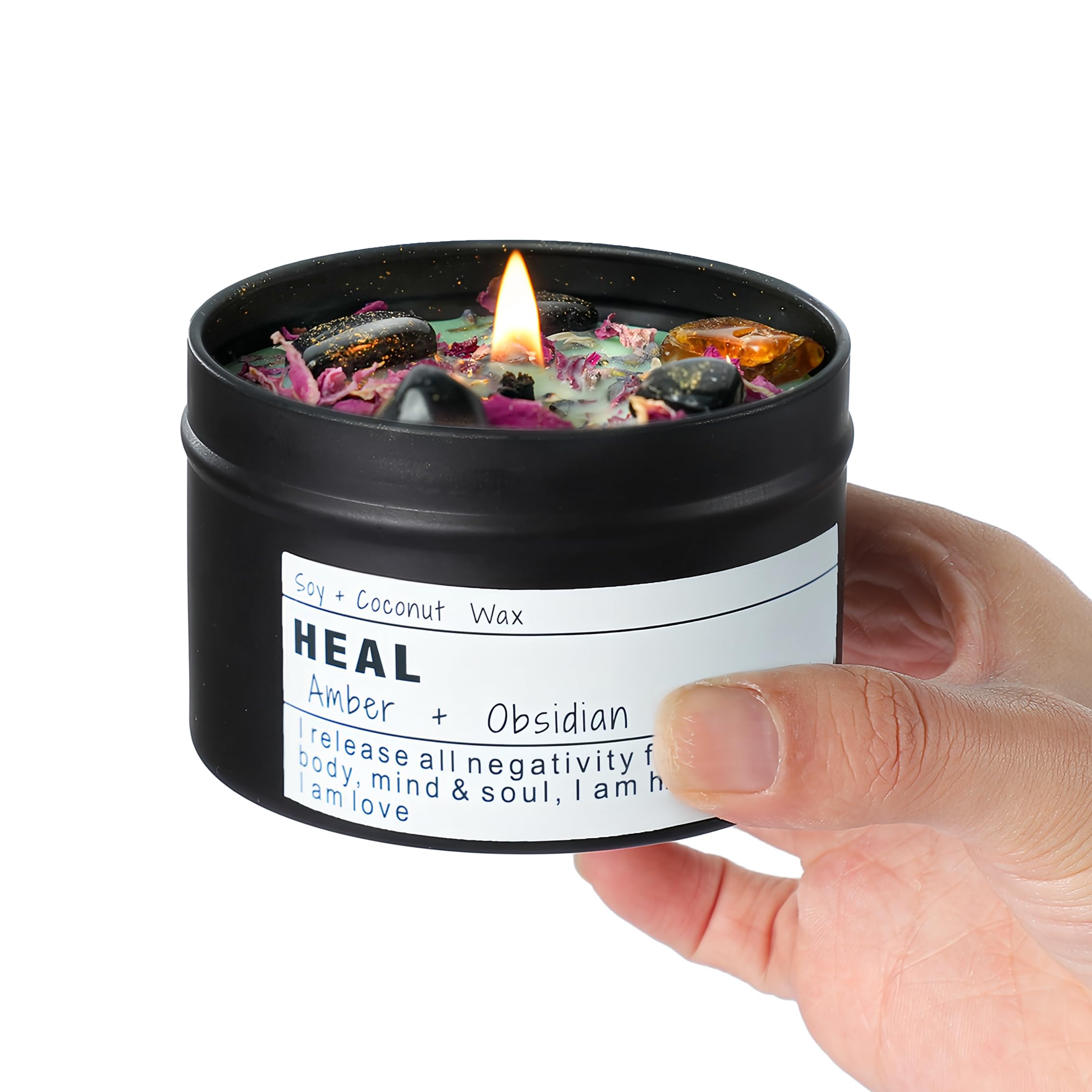 Obsidian Crystal Energy Candle, Good Aura Health Protection, Baltic Amber Chakra