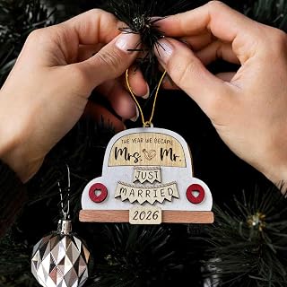 Mr and Mrs Ornament 2026 – Just Married Wooden Car, Wedding Gift Couple