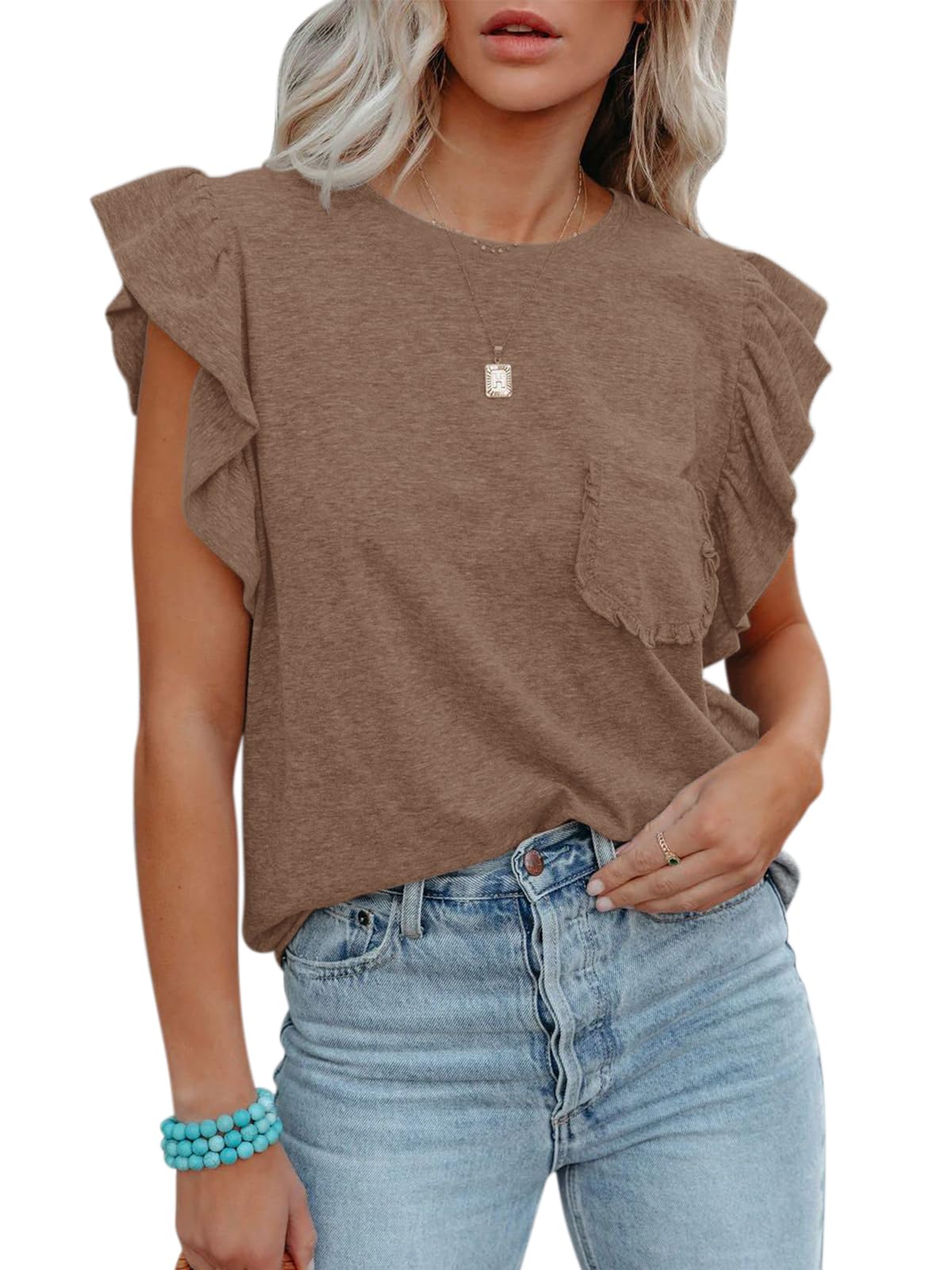 siliteelon Blusas para mujer, estilo casual, manga 3/4, con volantes, acampanada