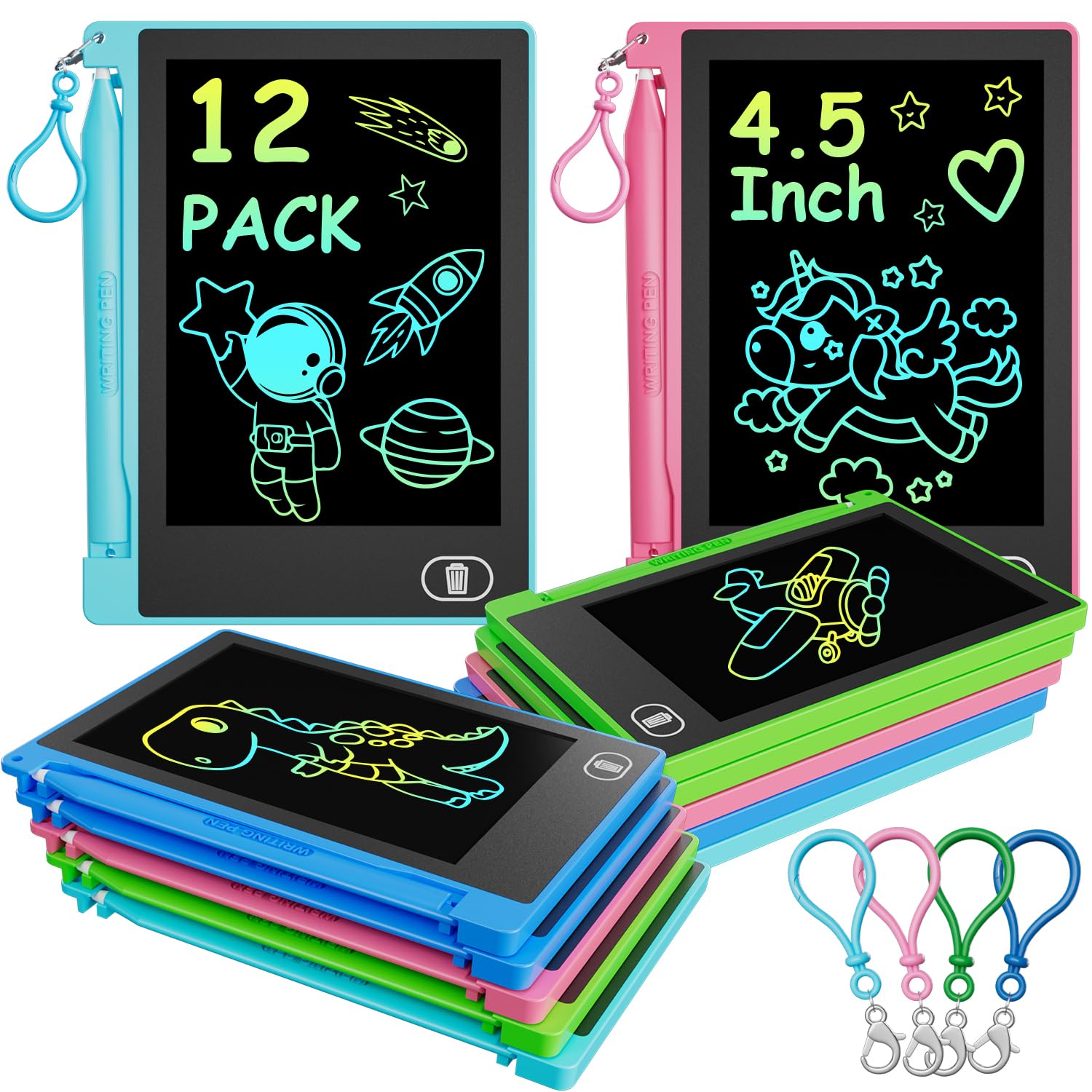 12 Pack Kids Mini LCD Writing Tablet 4.5 inch with Carry Hook| Portable | Reusab