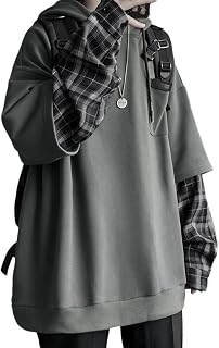 FJLTDCP Men's Hoodie, Long Sleeve, Faux Layered, Layering Style, Plaid Pattern, Large Size, Casual, Loose, Sweatshirt, Top, Pullover