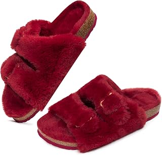 FITORY Womens Open Toe Slippers,Faux Rabbit Fur Cork Slides Sandals