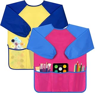 Bassion 2 Pack Kids Art Smock Toddlers Painting Aprons Toddler Smock | Colorful Waterproof Children Artist Smock with Long Sleeve 3 Roomy Pockets for Age 2-8 Years Gifts (Blue Pink Yellow)