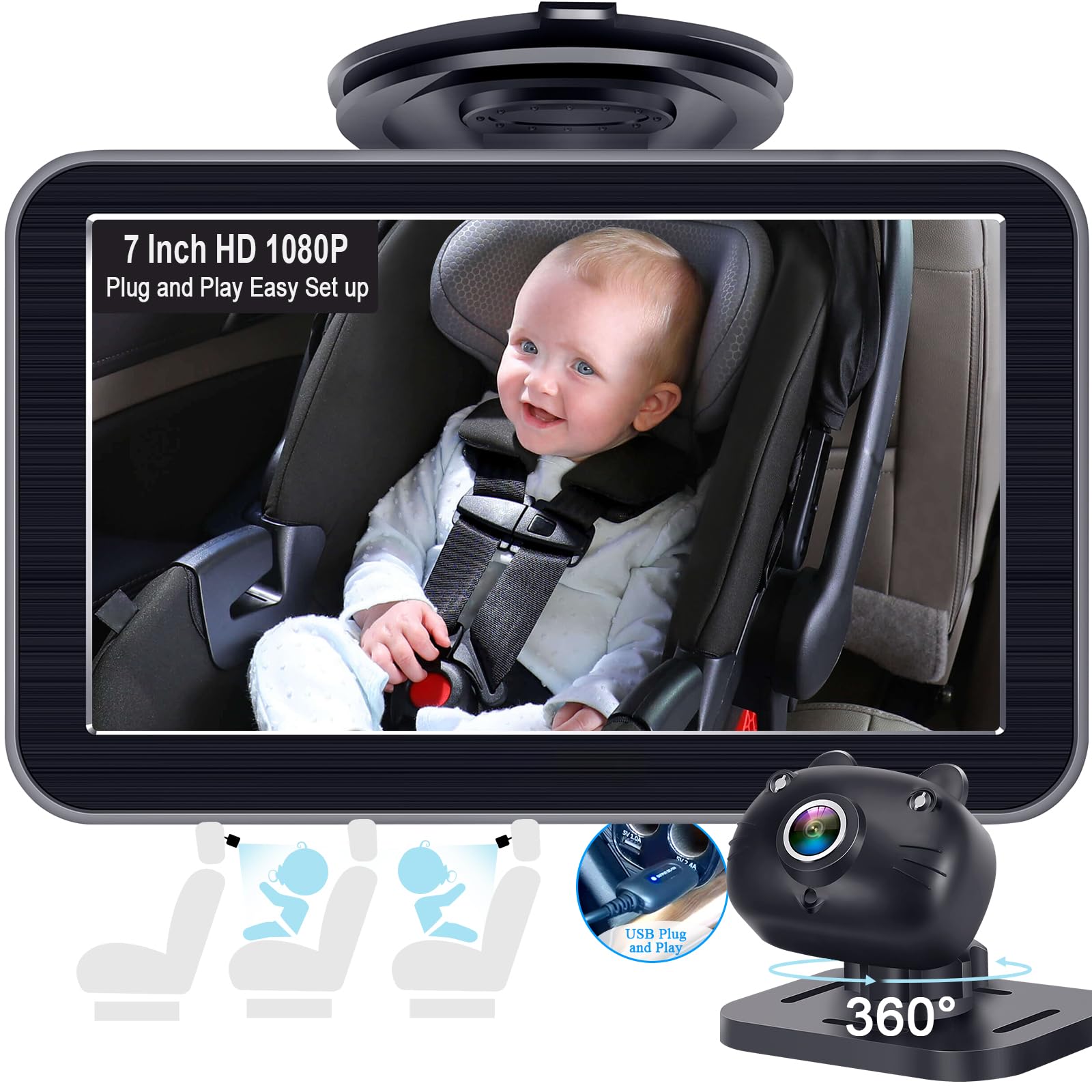 DoHonest Baby Car Camera 7-Inch: USB Plug-Play Easy Setup, 150° View | HD 1080P 