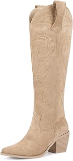 wetkiss Knee High Cowboy Cowgirl Boots for Women, with Unique Embroidery, Side Zip and Chunky Heel Design