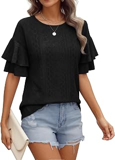 Womens Top Ruffle T Shirts Short Sleeve Blouses Round Neck Tee Bell Sleeve Spring Summer