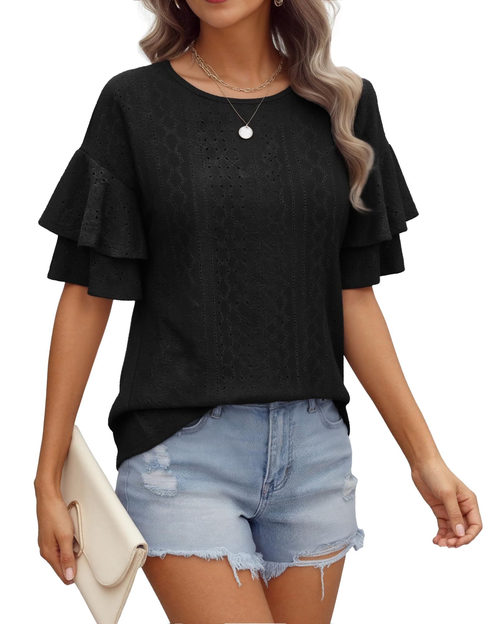 Womens Top Ruffle T Shirts Short Sleeve Blouses Round Neck Tee Bell Sleeve Sprin