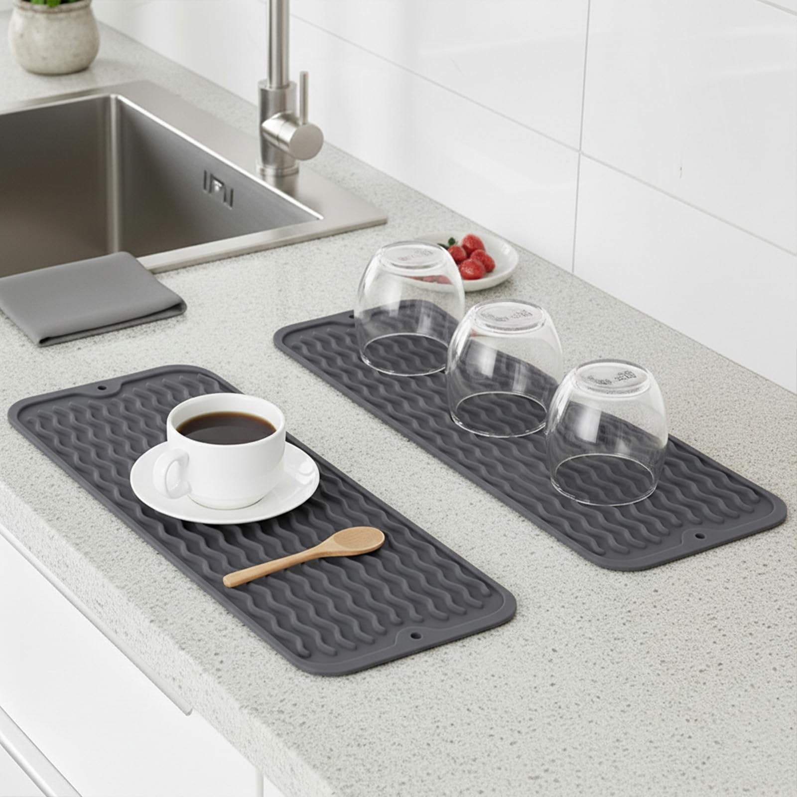 2 Pcs Silicone Dish Drying Mat - Coffee Bar Table Mat, Faucet Counter Drying Pad