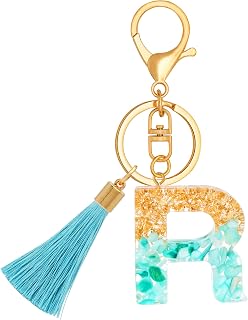 Initial Letter Keychains for Girls Women Cyan Cute Tassel Keychain for Backpack School Bag