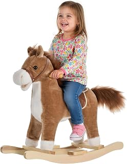 Qaba Rocking Horse Plush Animal, Baby Rocking Chair with Sounds, Brown | Wooden Rockers, Moving Mouth, Wagging Tail