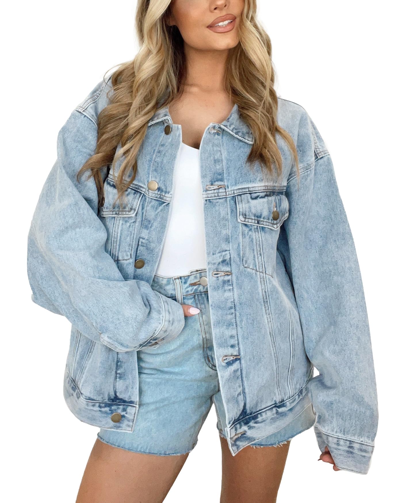 Kedera Women's Oversized Jean Jacket Long Blue Denim Jacket Long Sleeve Button D