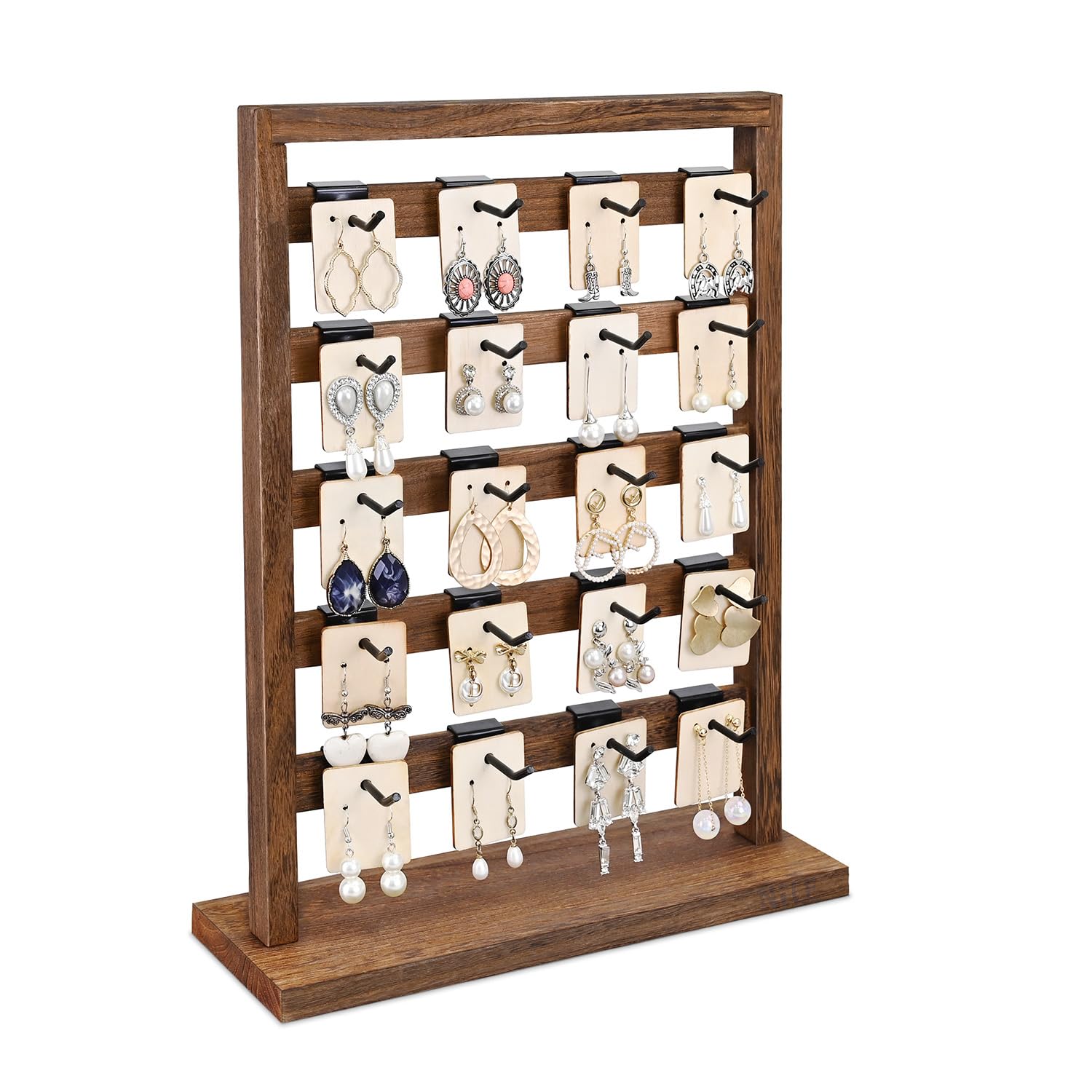 Ikee Design 5 Tiers Free Assemble Wooden Jewelry Display Rack with 20 Removable 