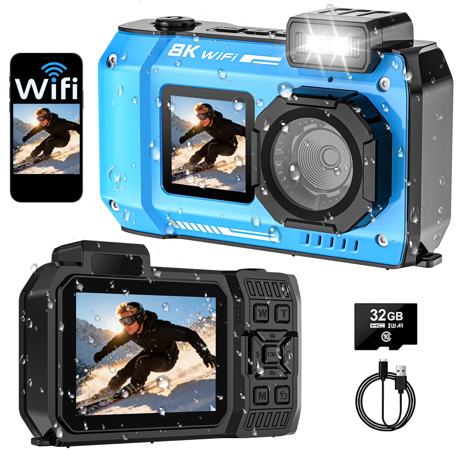 8K Underwater Camera, 70MP 33FT WiFi Waterproof Digital Camera with 32GB | Dual-