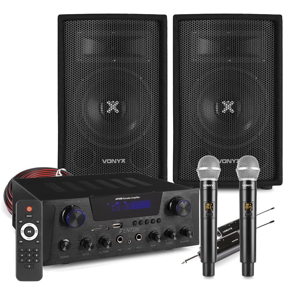 Fenton AV430B Home Karaoke System, Dual Wireless Mics, Vonyx SL6 Speakers | Blue