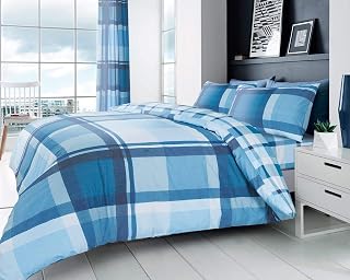 GC GAVENO CAVAILIA Geometric Check Duvet Cover Set King Size, Reversible Bedding Set with Matching Pillowcases, Soft Easy Care Bed Set, Blue