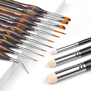 Professional Miniature Brushes – 11 Pieces Premium Fine Detail Brushes + 3 Drybrush Brush for Acrylic, Model, Miniature, Warhammer 40K, DND, Tabletop, Citadel | Drybrush Miniature
