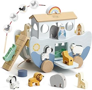 Joyreal Wooden Noah's Ark – Baptism Gift Boy Girl, Montessori Wooden Toys 1 2 3 Years, Educational Games Shape Sorter, Stackable Toys