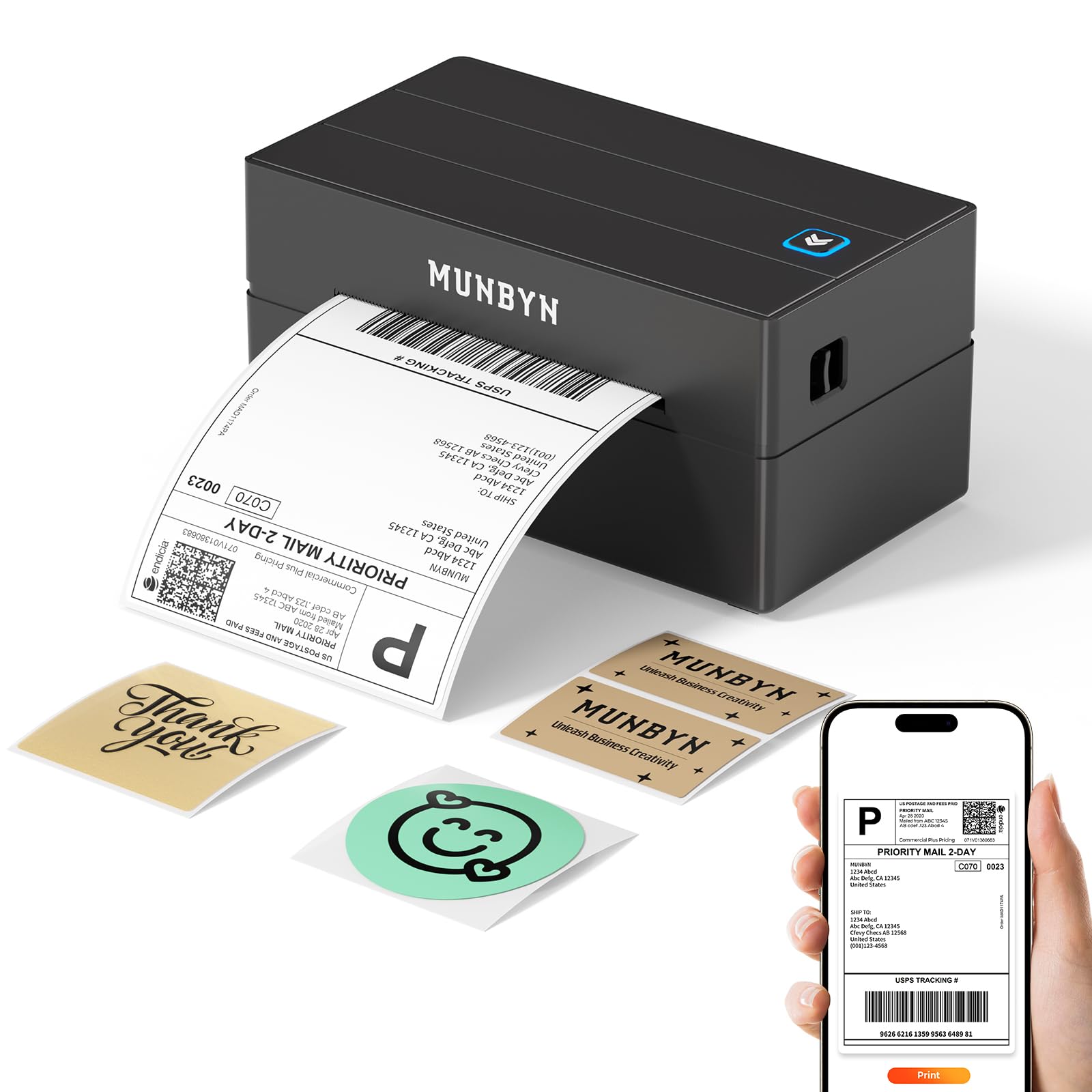 MUNBYN Shipping Label Printer Bluetooth, Postage Thermal Label Printer 4x6 for B