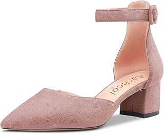 Aachcol Women's Chunky Block Heel Medium Low Heel Pumps Ankle Strap Lace Toe Cap Dress Shoes Office Shoes Party Wedding Suede 5 cm