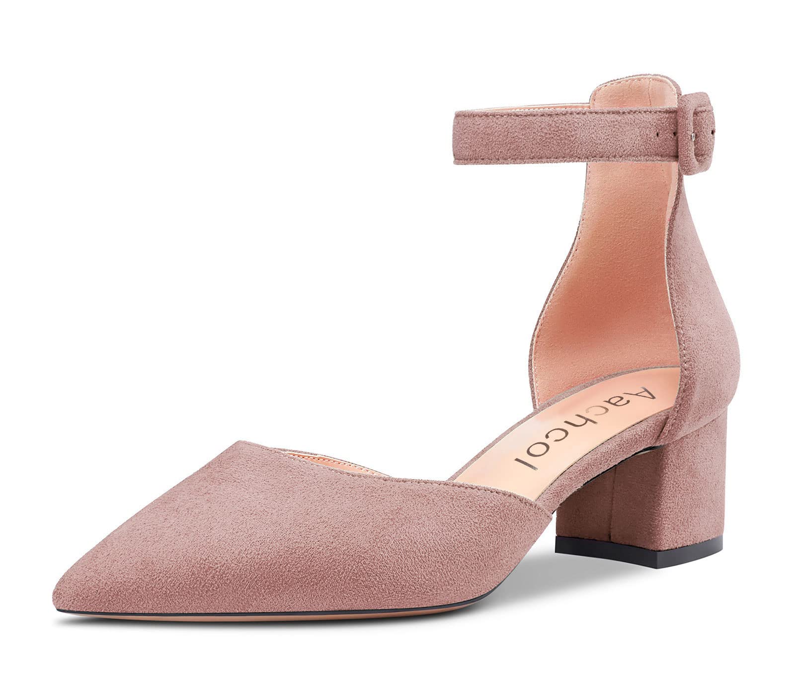 Aachcol Women's Chunky Block Heel Medium Low Heel Pumps Ankle Strap Lace Toe Cap