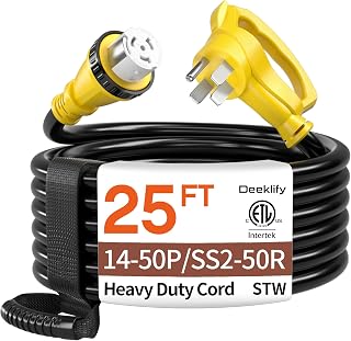 Deeklify 25FT 50 Amp Generator Cord NEMA14-50P/SS2-50R with Twist Lock | 50 Amp RV Extension Cord Heavy-Duty 4 Conductors, NEMA 14-50P/SS2-50R STW 50amp Generator Cord for RV or Camper, Yellow, ETL